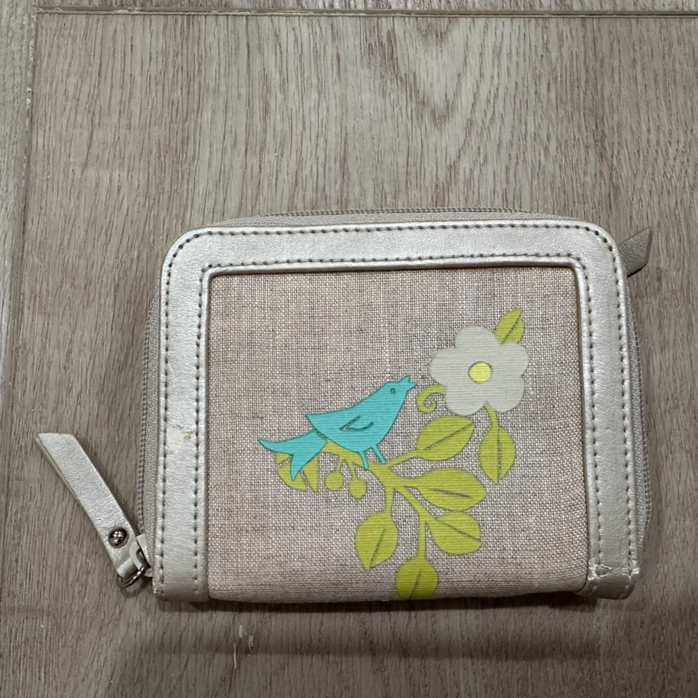 Beige Canvas Zip Wallet with Blue Bird and Lime Green Floral Print